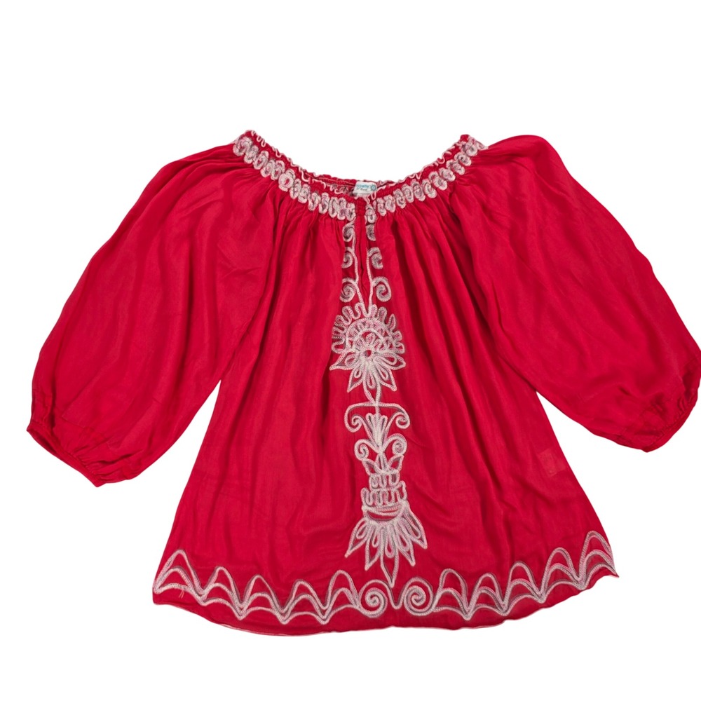 Poupette St Barth Embroidered Off Shoulder Peasant Blouse Red Large Womens Boho
